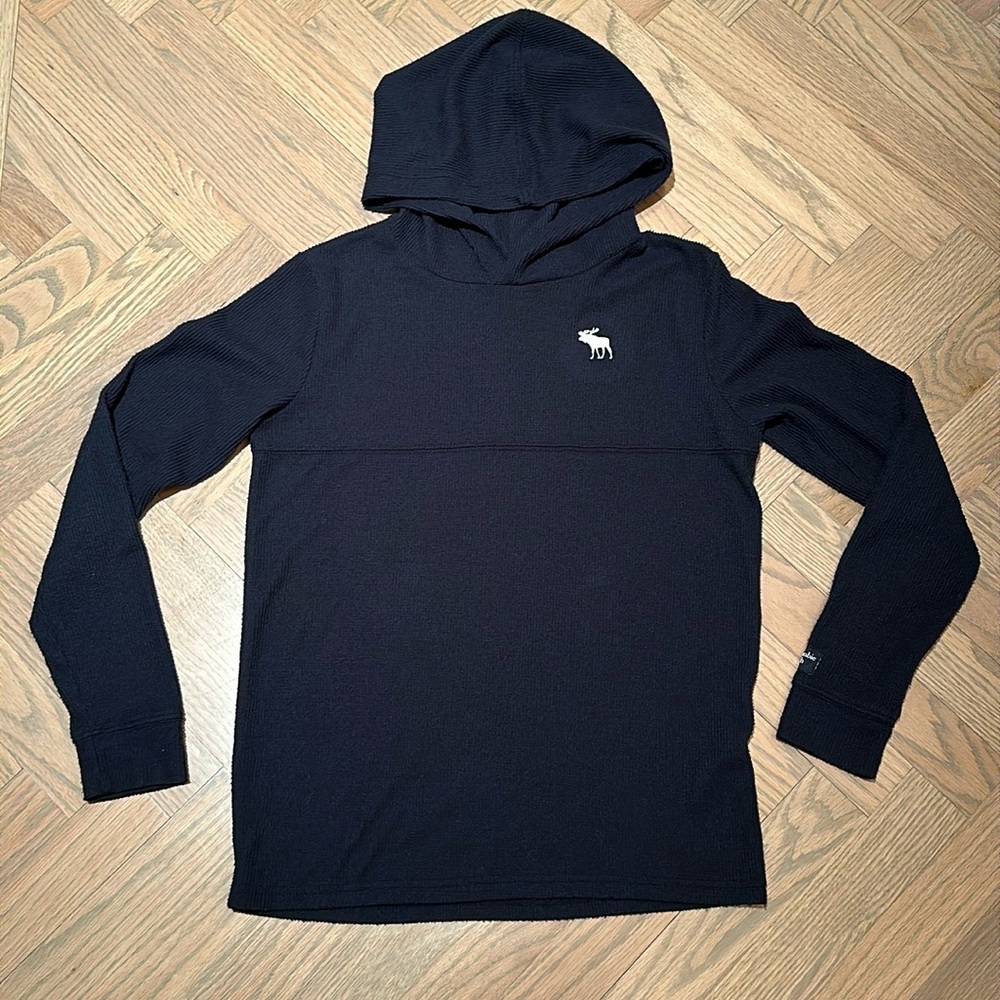 Boys Navy Blue Waffle Knit Hooded Long Sleeve, size XL